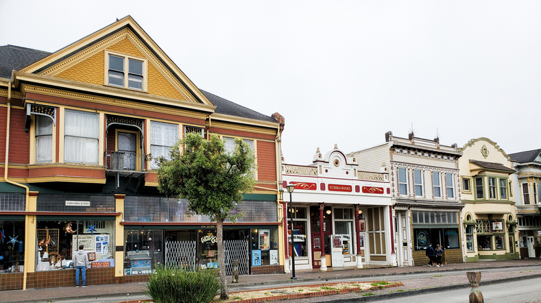 Historic Old Town Eureka, California. Quiet street and storefronts.